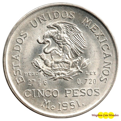 1951 Mexico Silver 5 Pesos - Hidalgo Grande (image for) 1951 Mexico Silver 5 Pesos - Hidalgo Grande
