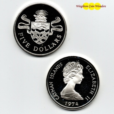 (image for) 1972 - 1975 Caymen Islands Silver Proof Five Dollars