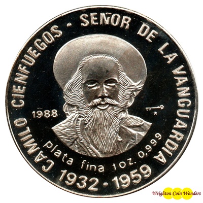 1988 Cuba Silver Proof 10 Pesos Coin - Camilo Cienfuegos (image for) 1988 Cuba Silver Proof 10 Pesos Coin - Camilo Cienfuegos