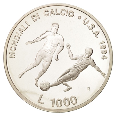 (image for) 1994 Silver Proof $10 Republic of San Marino 1000 Lire Coin - FIFA World Cup (USA)
