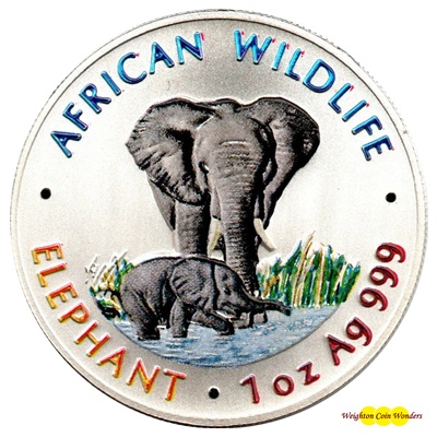 (image for) 1999 Zambia 1oz Silver ELEPHANT - Colour Highlighted