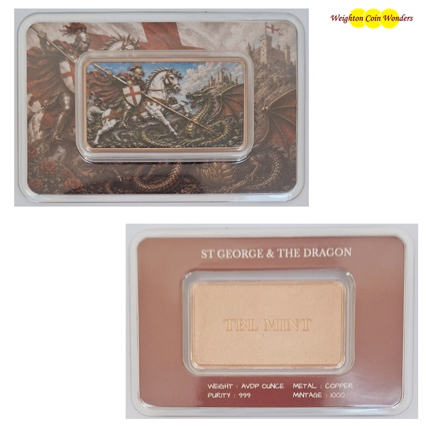 (image for) 1oz Copper Bar - Coloured - St George & Dragon