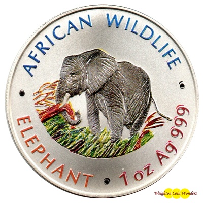 (image for) 2000 Zambia 1oz Silver ELEPHANT - Colour Highlighted