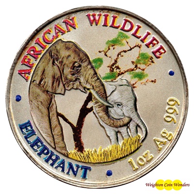 (image for) 2001 Zambia 1oz Silver ELEPHANT - Colour Highlighted