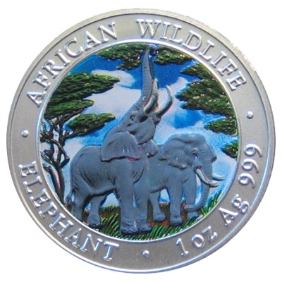 (image for) 2003 Zambia 1oz Silver ELEPHANT - Colour Highlighted