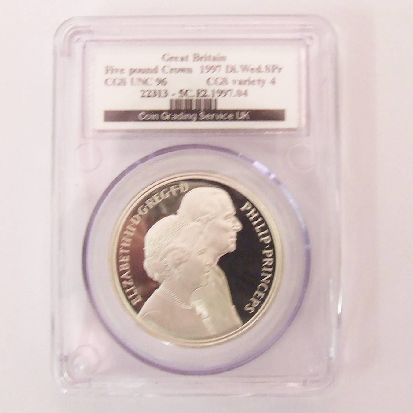 1997 QEII Silver Proof £5 QE II G.Wedding Ann. - CGS UNC 96