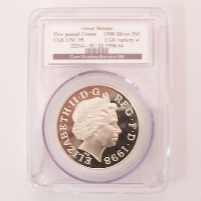1998 QEII Silver Proof £5 Prince Charles 50th - CGS UNC 95
