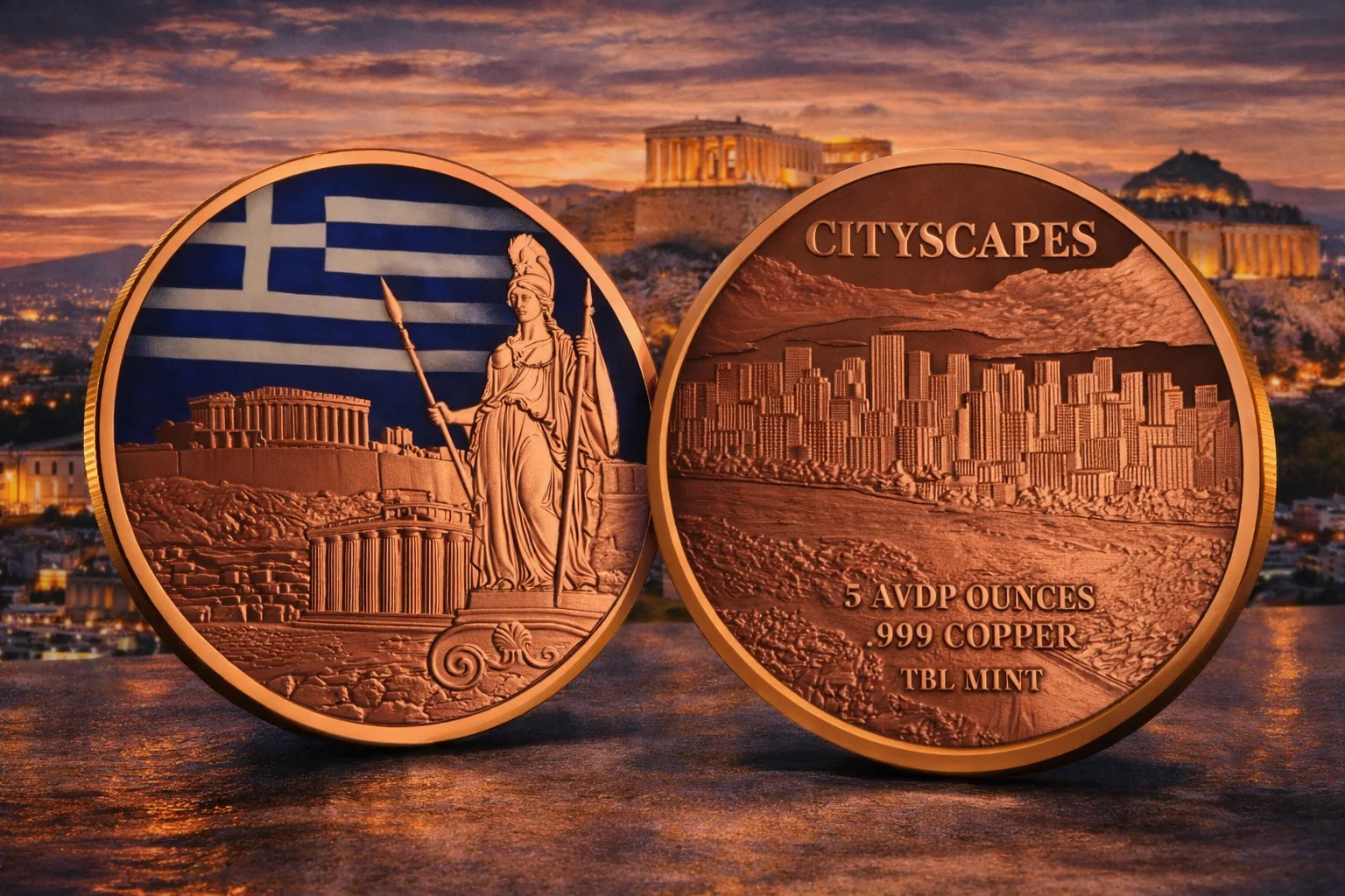 (image for) 5oz Copper Round Coloured - Cityscapes - ATHENS