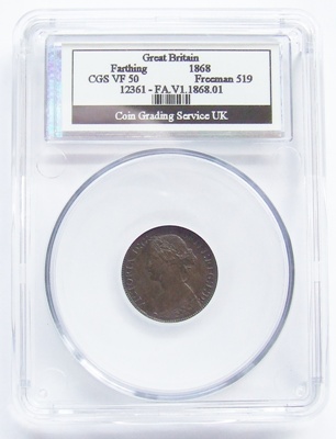1868 Victoria YH FARTHING - CGS VF 50